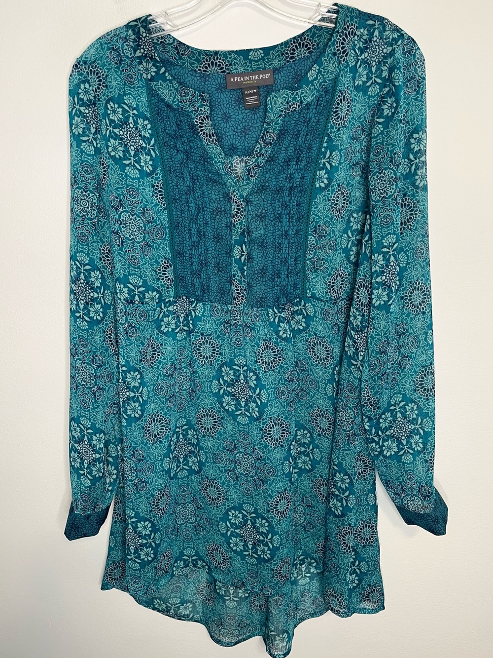 A Pea In The Pod Teal Blue Floral Print Tunic Top. Semi Sheer, Cinch Back. Sz M